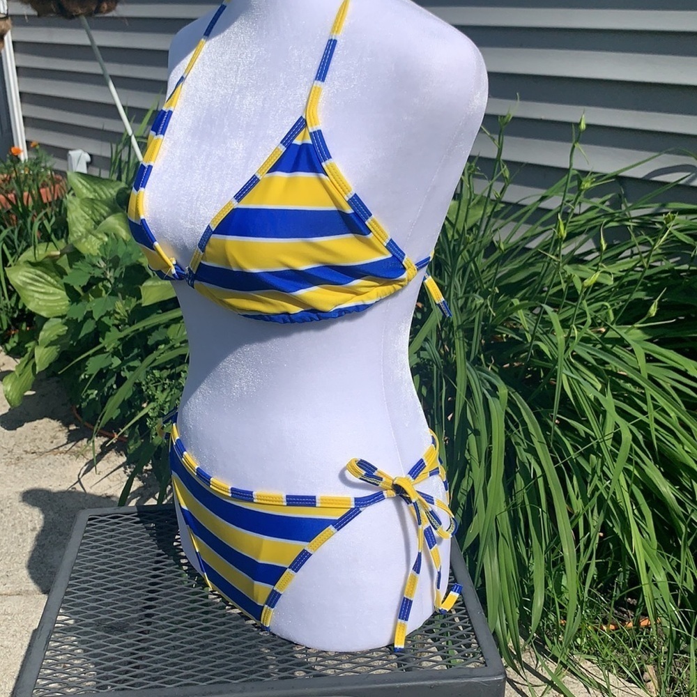 Blue & Yellow Striped String Bikini - Picture 2 of 7